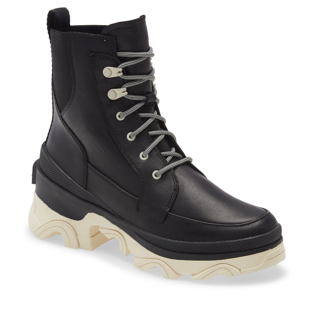 Sorel Black Leather Lace-Up Ankle Boot with Cream Platform Sole